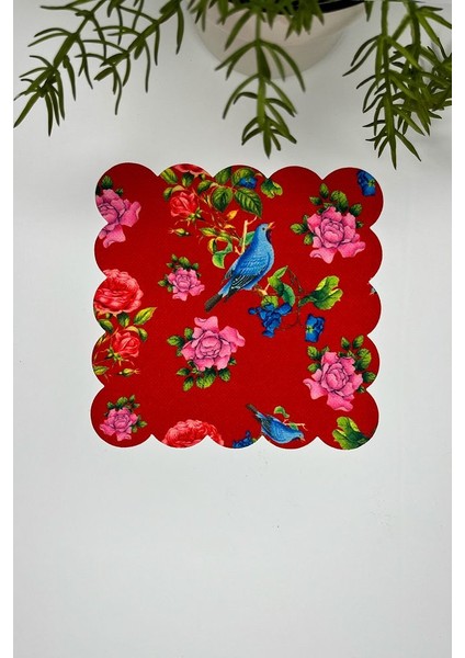 Vanilla Kırmızı Zemin Mavi Kuş Desenli Dijital Baskılı Lazer Kesimli Kokteyl Peçetesi