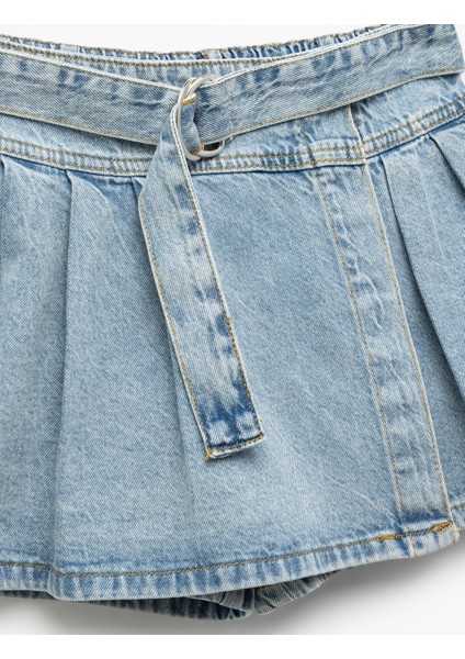 Pamuklu Cepli Kemer Detaylı Denim Şort Etek