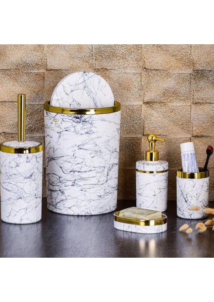 5 Parça Beyaz Gold Mermer Granit Desenli Yuvarlak Akrilik Banyo Seti 22 Byz A