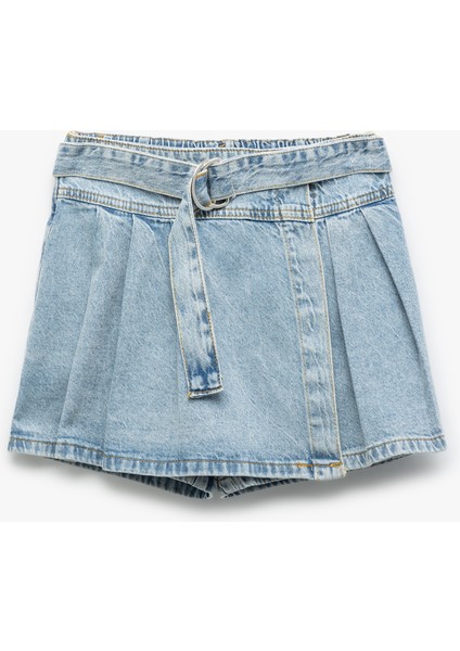 Pamuklu Cepli Kemer Detaylı Denim Şort Etek
