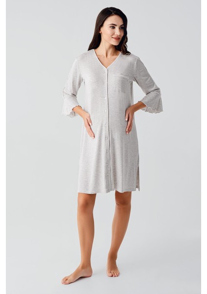 Düğmeli Uzun Kollu Kısa Esnek Viskoz Hamile Gecelik 16107