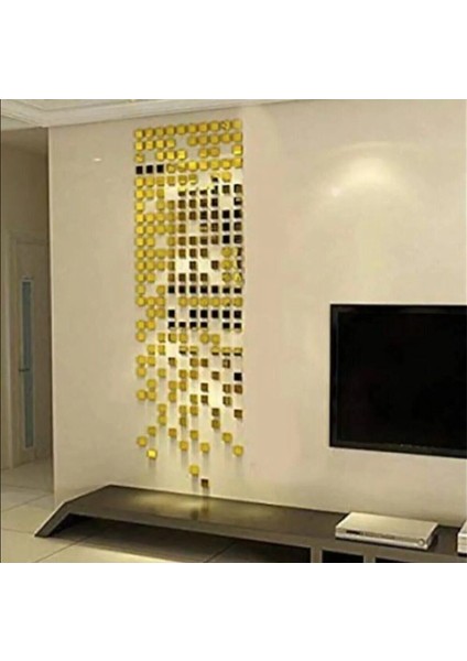 Mozaik Ayna Gold Pleksi 100'LÜ Duvar Dekorasyon Lazer Kesim Her Biri 3x3 cm
