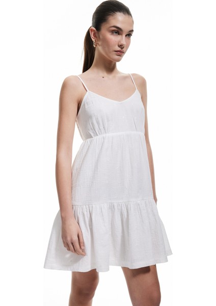 Pamuklu Katmanlı Brodeli Fistolu Askılı Mini Elbise fiyatları