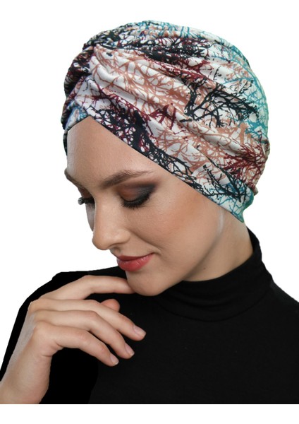 Batikli Model Desenli Çapraz ve Bant Detaylı Astarlı Hazır Türban Tesettür Havuz Bonesi modelleri