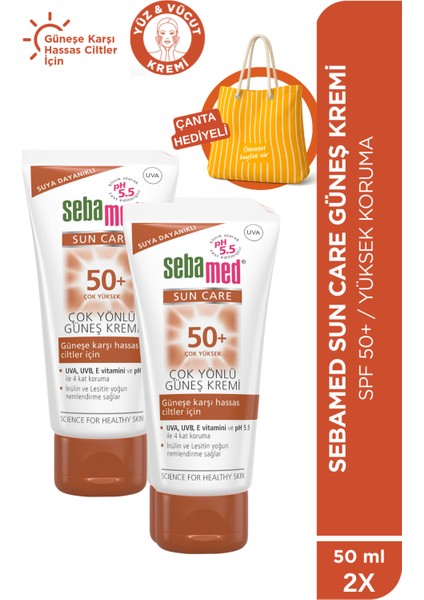 Sun Care 50 Spf Yüksek Koruma Çok Yönlü Güneş Kremi 50 ml X2 Set- Çanta Hediyeli