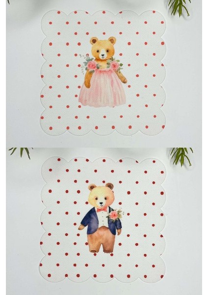 Sulu Boya Teddy Gelin Damat Tasarım Lazer Kesim Kokteyl Peçeteleri 2 Adet