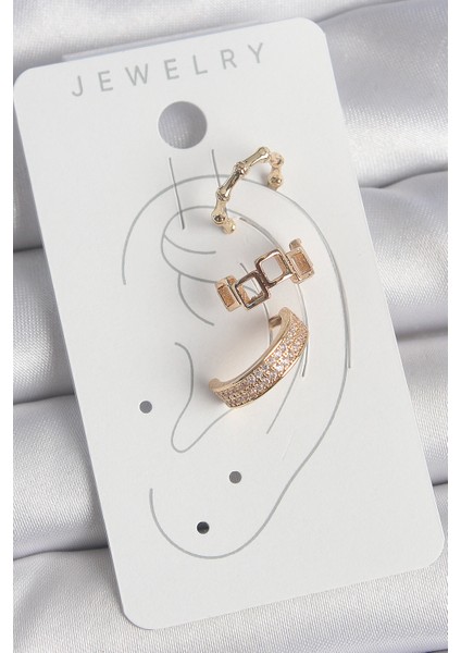 Pirinç Gold Renk Kare Model Zirkon Taşlı 3'lü Model Kadın Kıkırdak Küpe