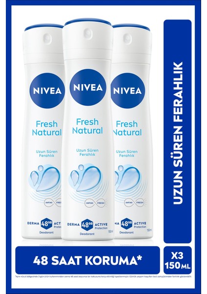 Kadın Sprey Deodorant Fresh Natural 150ML, Ter Kokusuna Karşı 48 Saat Koruma, Ferahlık, X3 Adet