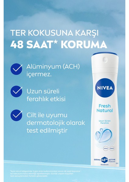 Kadın Sprey Deodorant Fresh Natural 150ML, Ter Kokusuna Karşı 48 Saat Koruma, Ferahlık, X3 Adet modelleri