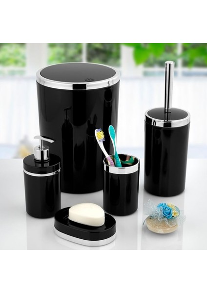 Akrilik 5 Parça Banyo Seti Yuvarlak Parlak Siyah Gümüş Soft Sade