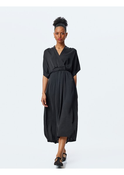 Dökümlü Kısa Kollu Midi Boy Kruvaze Saten Elbise