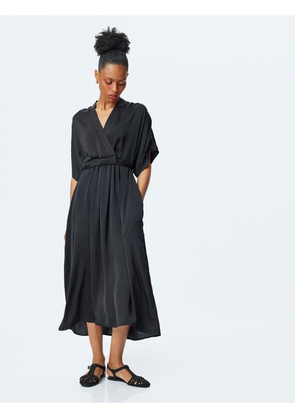 Dökümlü Kısa Kollu Midi Boy Kruvaze Saten Elbise fiyatları