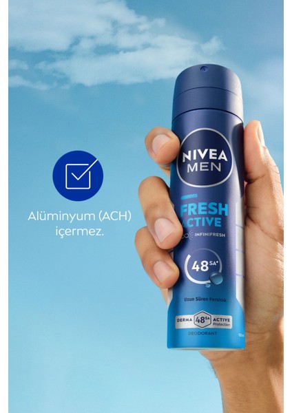 Men Erkek Sprey Deodorant Fresh Active 150ML, Ter Kokusuna Karşı 48 Saat Koruma, Pudrasız, X3 Adet indirimleri