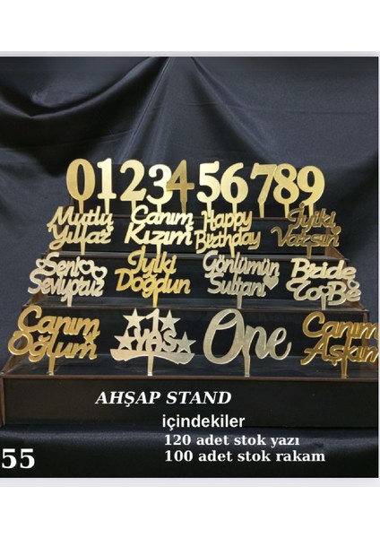 Gold Pleksi Ahşap Stand 120 Adet Pasta Yazısı 100 Adet Rakam Pileksi