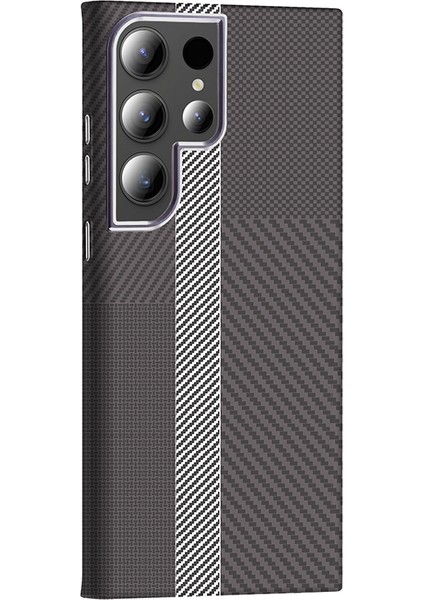 Samsung Galaxy S23 Ultra Kılıf M-Safe Şarj Özellikli Karbon Fiber Görünümlü Prl Gros Kapak - Gri-Siyah