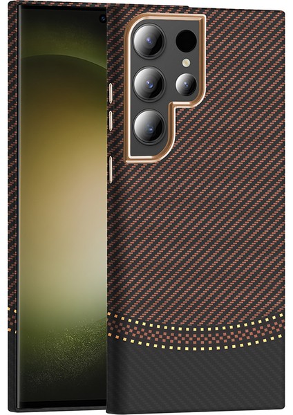 Samsung Galaxy S23 Ultra Kılıf M-Safe Şarj Özellikli Karbon Fiber Görünümlü Prl Gros Kapak - Gold-Siyah