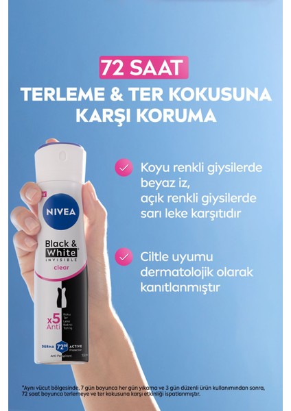 Kadın Sprey Deodorant Black&white Invisible Clear 150ML, 72 Saat Anti-Perspirant Ter Koruma, X2 Adet indirimleri