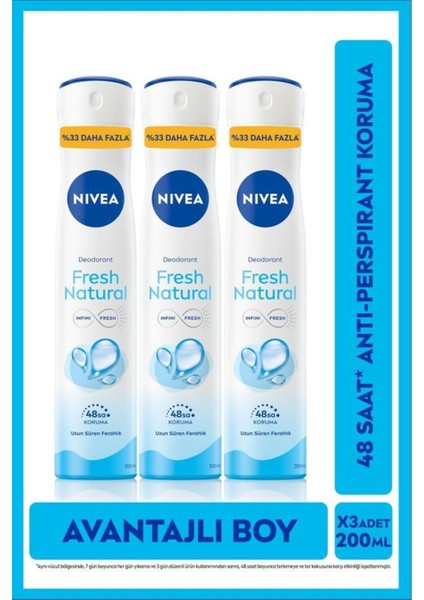 Kadın Sprey Deodorant Fresh Natural 200 Ml,ter Kokusuna Karşı 48 Saat Koruma, Avantajlı Boy,x3 Adet