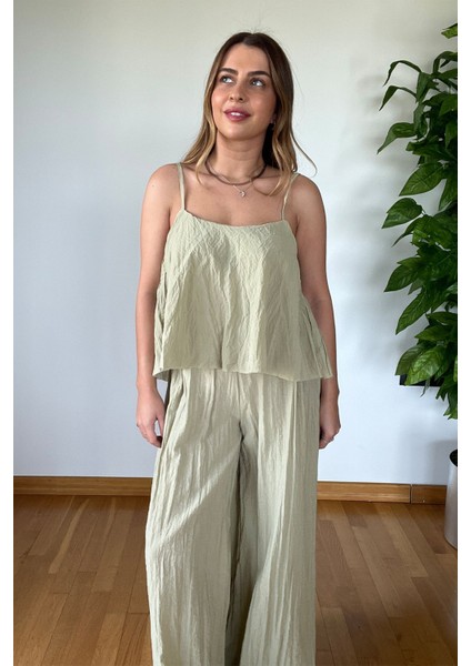 Yeni Sezon Yeşil Askılı Yazlık Takım Bol Paça Palazzo Pantolon Rahat Şık Kombin Tatil Bohem Stil