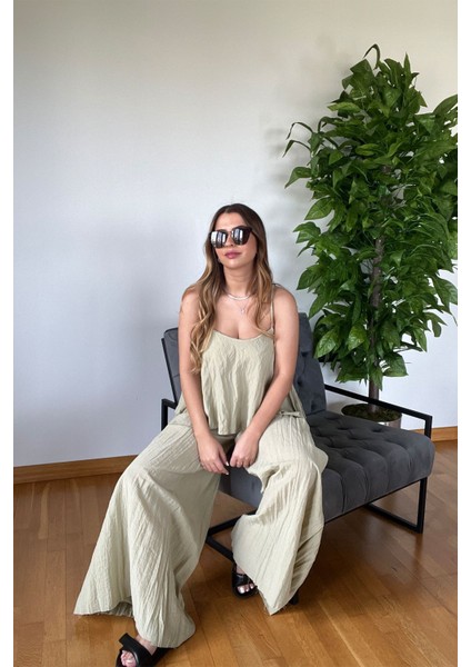 Yeni Sezon Yeşil Askılı Yazlık Takım Bol Paça Palazzo Pantolon Rahat Şık Kombin Tatil Bohem Stil fırsatları
