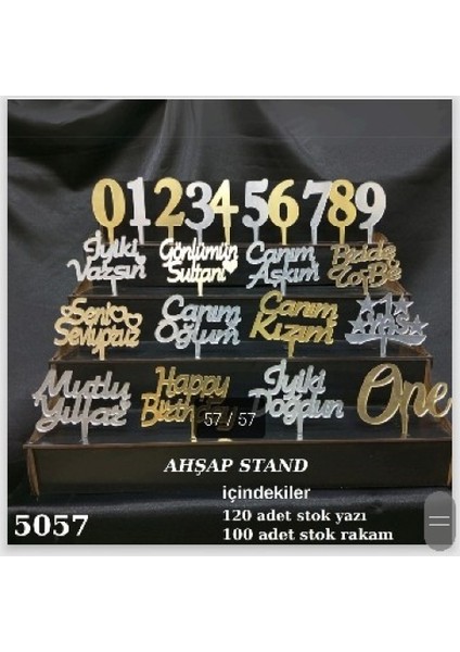Gold Gümüş Pleksi Ahşap Stand 120 Adet Pasta Yazısı 100 Adet Rakam Pileksi