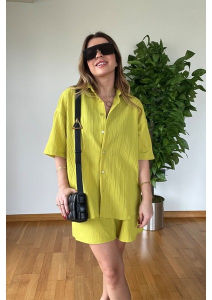 Yeni Sezon Kaliteli Yazlık Gömlek Şort Krinkıl Kumaş Salaş Oversize Takım