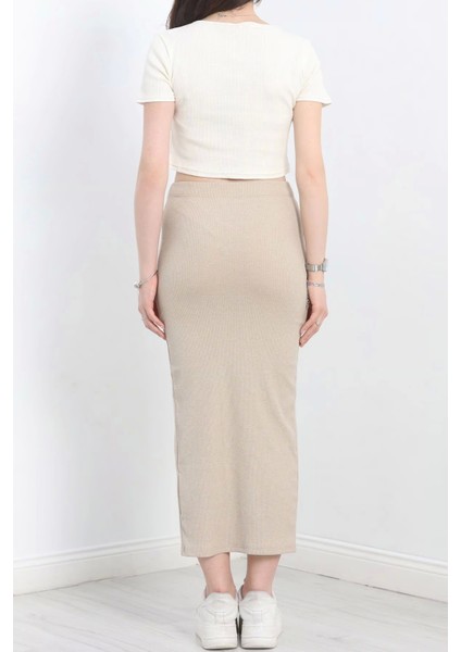 Nakışlı Bej Yan Yırtmaçlı Uzun Etekli Beyaz Croplu Takım modelleri