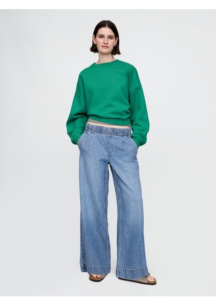 Kadın Mavi Mid Rise Ultrasoft Pileli Baggy Jean Pantolon