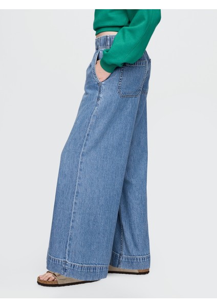 Kadın Mavi Mid Rise Ultrasoft Pileli Baggy Jean Pantolon fırsatları
