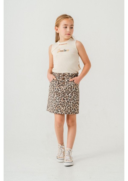 Leopar Etekli Yaka Detaylı Kız Çocuk 2 li takım - Krem