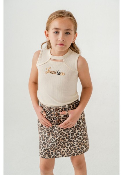 Leopar Etekli Yaka Detaylı Kız Çocuk 2 li takım - Krem fiyatları