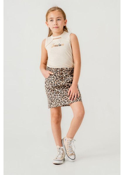 Leopar Etekli Yaka Detaylı Kız Çocuk 2 li takım - Krem modelleri