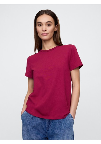 Kadın Bordo Yuvarlak Yaka Basic T-Shirt
