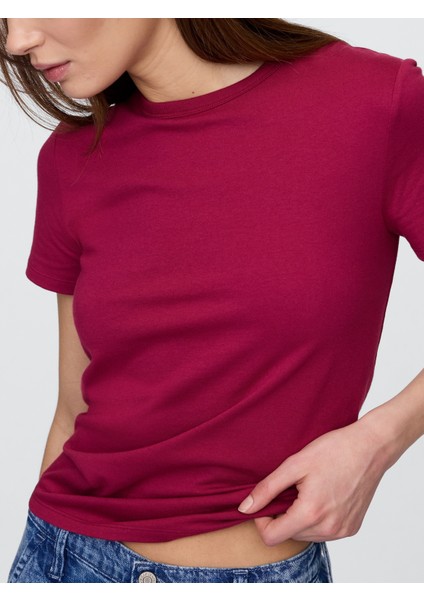 Kadın Bordo Yuvarlak Yaka Basic T-Shirt