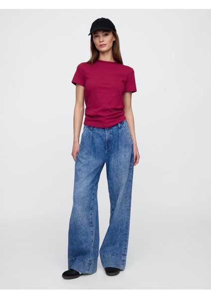 Kadın Bordo Yuvarlak Yaka Basic T-Shirt