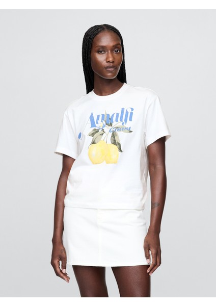 Kadın Beyaz Relaxed Grafik T-Shirt