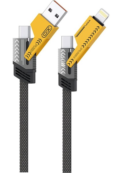 60W Hızlı Şarj Kablosu 4ü1 ARADA,NB283,1 Metre,2 Type-C,usb-A,lightning,örgü Dayanıklı Kablo,siyah