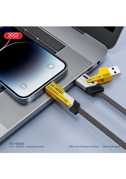 60W Hızlı Şarj Kablosu 4ü1 ARADA,NB283,1 Metre,2 Type-C,usb-A,lightning,örgü Dayanıklı Kablo,siyah