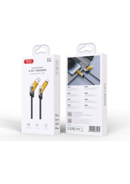 60W Hızlı Şarj Kablosu 4ü1 ARADA,NB283,1 Metre,2 Type-C,usb-A,lightning,örgü Dayanıklı Kablo,siyah