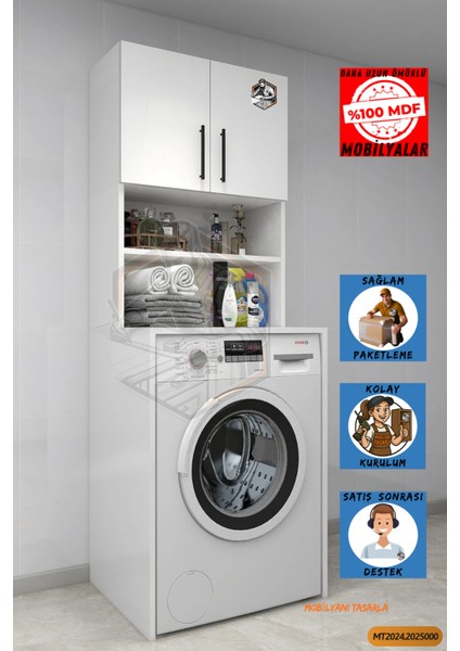 Tamamı Mdf Açık Raflı Ve Kapaklı Çamaşır Makinesi Dolabı, Banyo Dolabı, 4 Raflı, Kapaklı