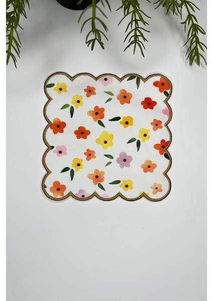 Turuncu Sarı Çıtır Çiçek Desenli Altın Nakış Kenar Kokteyl Peçetesi 1 Adet