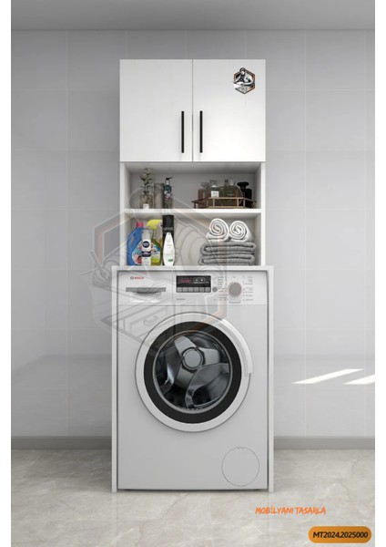 Tamamı Mdf Açık Raflı Ve Kapaklı Çamaşır Makinesi Dolabı, Banyo Dolabı, 4 Raflı, Kapaklı