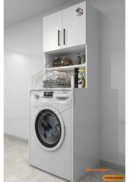 Tamamı Mdf Açık Raflı Ve Kapaklı Çamaşır Makinesi Dolabı, Banyo Dolabı, 4 Raflı, Kapaklı