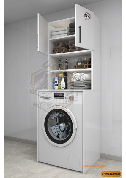 Tamamı Mdf Açık Raflı Ve Kapaklı Çamaşır Makinesi Dolabı, Banyo Dolabı, 4 Raflı, Kapaklı