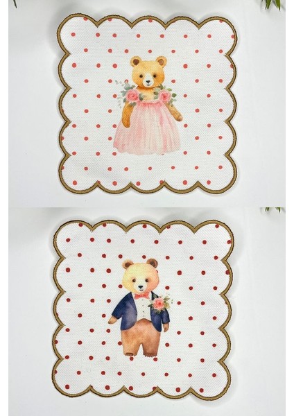 Sulu Boya Teddy Gelin Damat Tasarımlı Nakış Kenar Kokteyl Peçeteleri 2 Adet