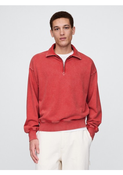 Erkek Kırmızı Heavyweight Oversized Yarım Fermuarlı Pullover