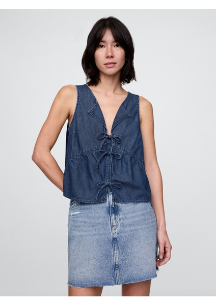 Kadın Lacivert Ultrasoft Denim Bağcıklı Bluz