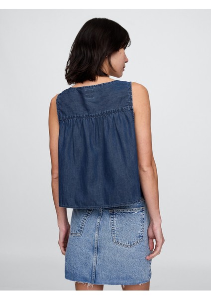 Kadın Lacivert Ultrasoft Denim Bağcıklı Bluz modelleri