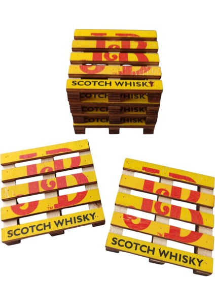 Scotch Whısky Ahşap Bardak Altlığı 6 Adet Set & 8 x 8 cm