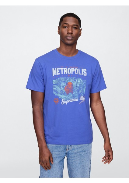 Erkek Mavi Grafik T-Shirt